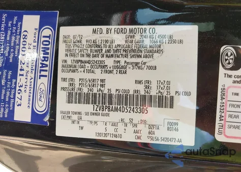 2013 Ford Mustang V6 из США, поврежденный, VIN 1ZVBP8AM4D5243305